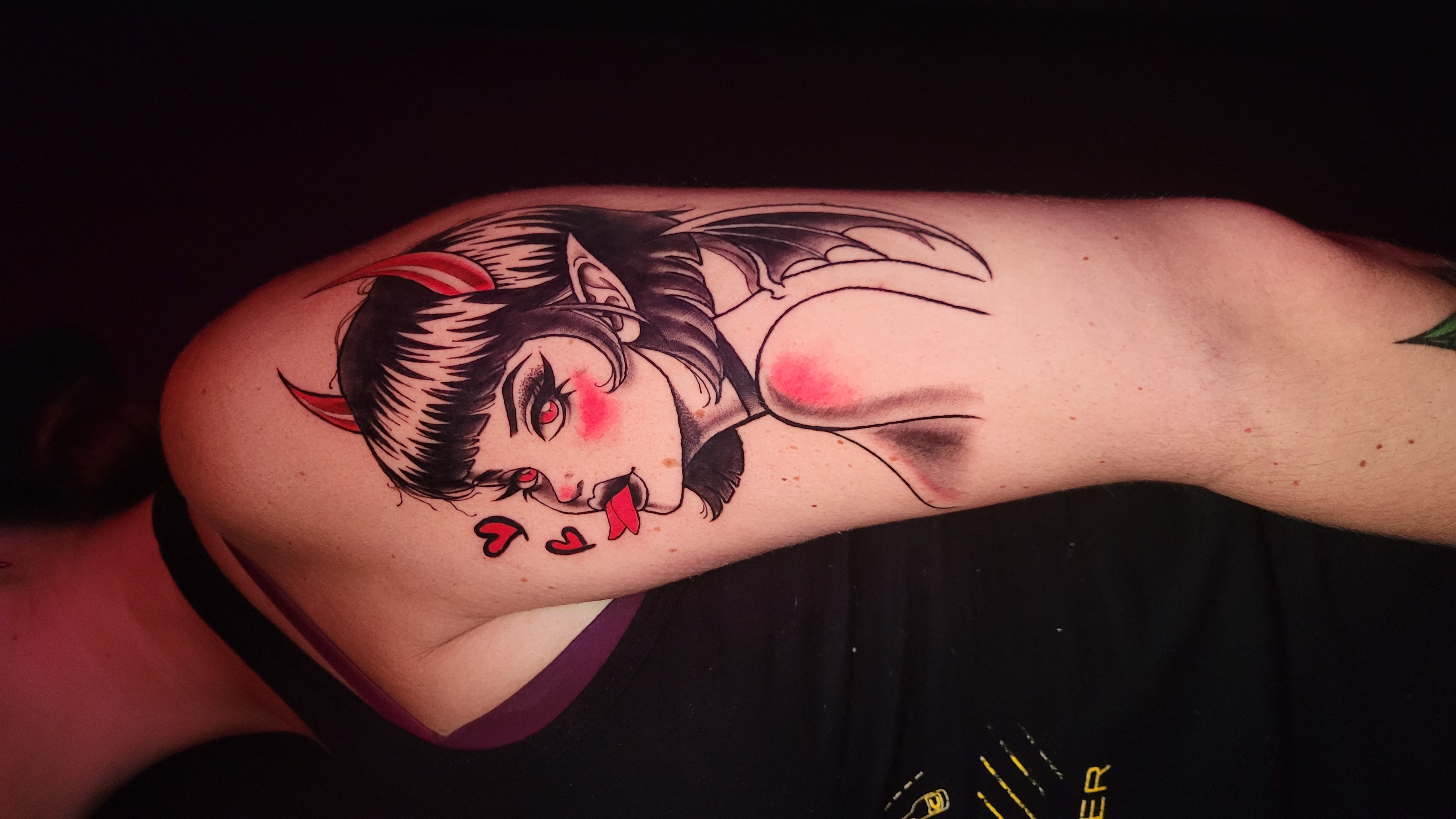 Kawaii split-tongue devil girl tattoo by Devilish Sherry at Modified Tattoo Gallery