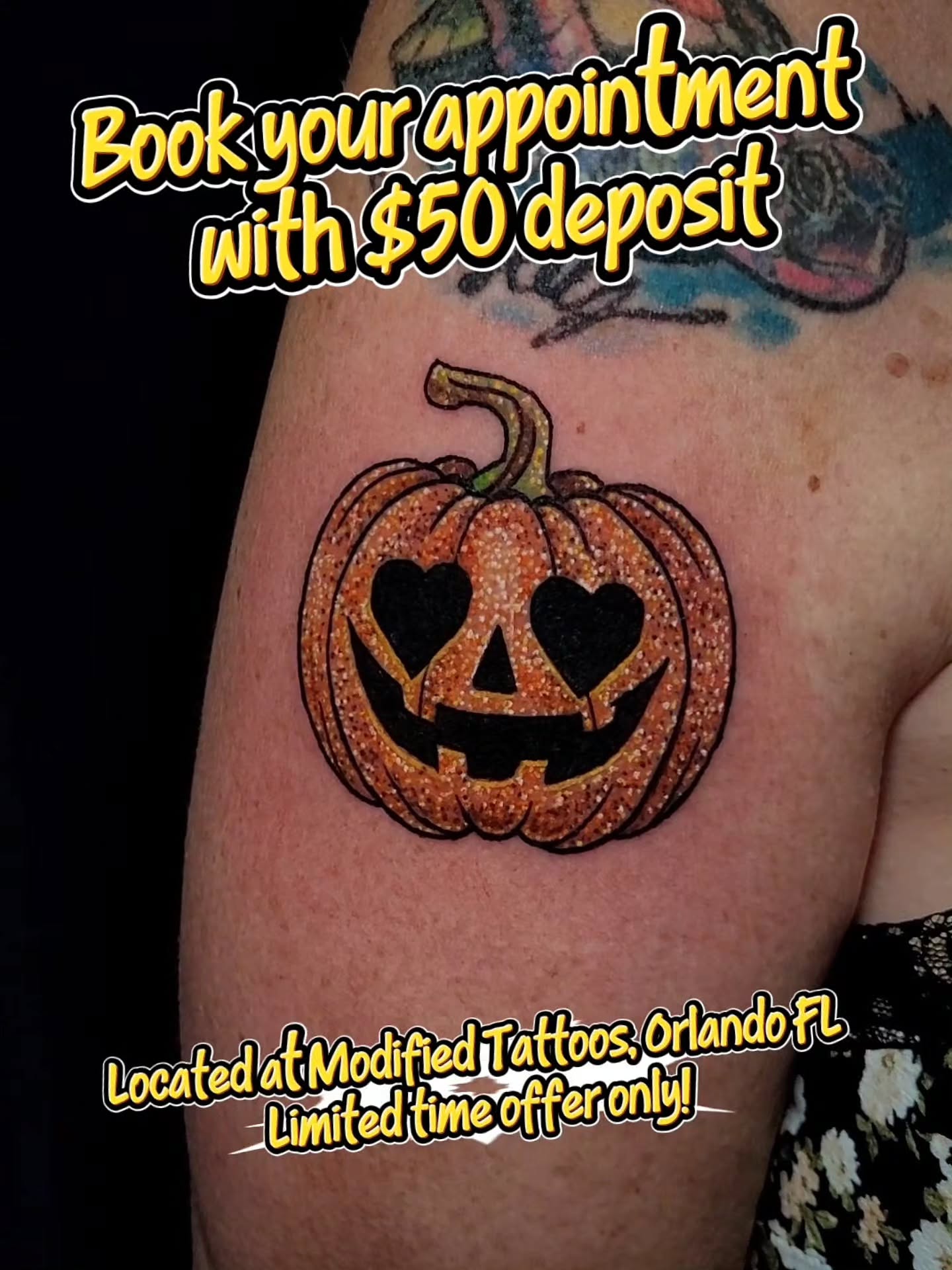 Glitter jack-o'-lantern tattoo by Devilish Sherry — book your appointment with a $50 deposit at Modified Tattoo Gallery in Orlando / Winter Park, FL